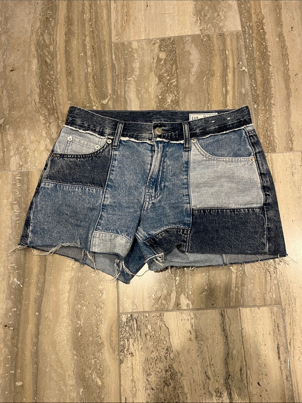 GAP Patchwork Denim Shorts in Mixed Blue Washes